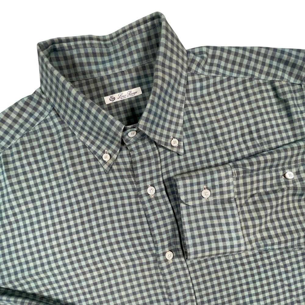 Loro Piana Shirt Mens XL Green Gingham Button Down Long Sleeve Made in Italy